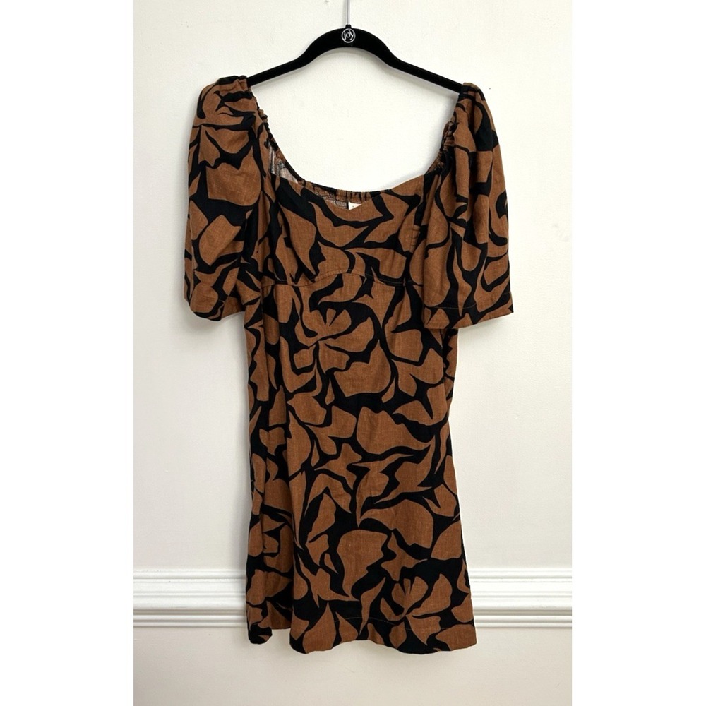 A New Day Dress Women's XL Brown Black Abstract Print Linen Blend Puff Sleeve
